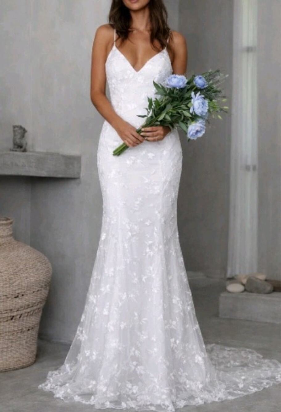 Hebeos Lace Mermaid Wedding Dress Open Back Ivory Bridal Gown Women Sz 6 Elegant